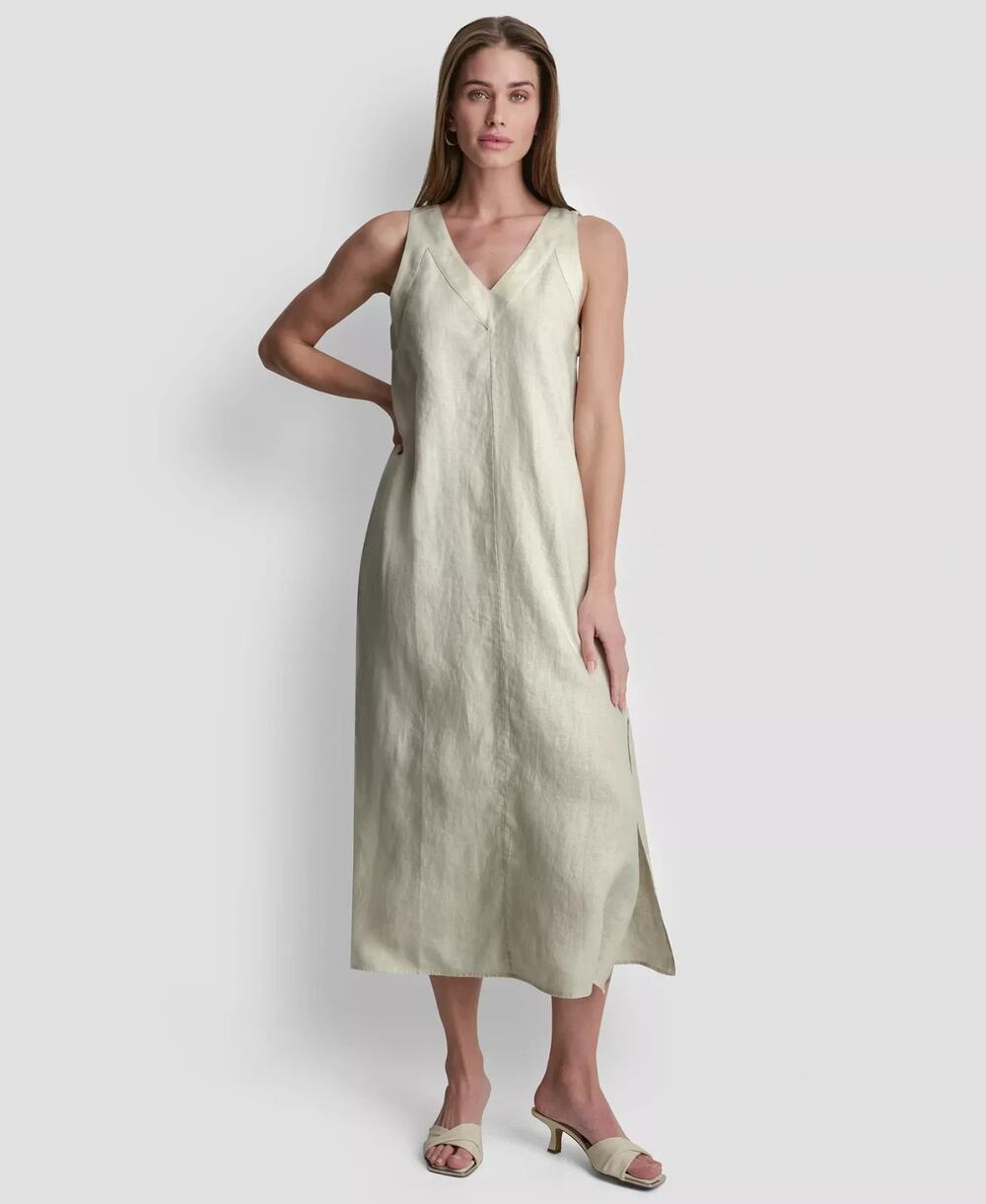 DKNY Linen V-Neck Maxi 100% Linen Dress Beige Size XL 3794